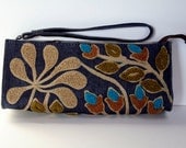 Blue Jeans Clutch Purse - Women's Casual Daytime Clutch - Embroidered Flowers on Cotton Canvas - Vegan Handbag Purse - Bags Purses