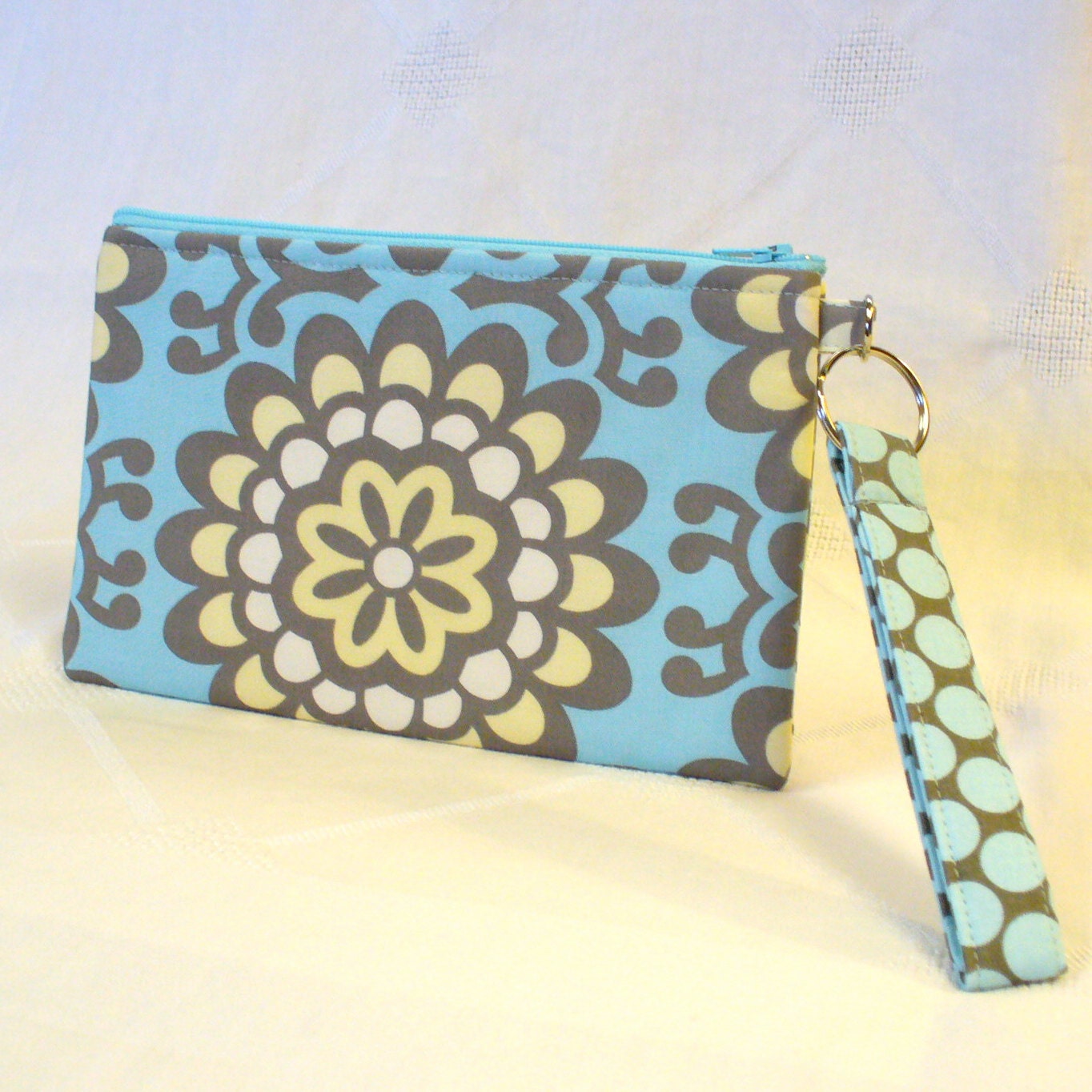 Cosmetic Bag Amy Butler Fabric Wristlet Clutch Purse Zipper Pouch Key Fob Wall Flower Sky Blue Handmade MTO