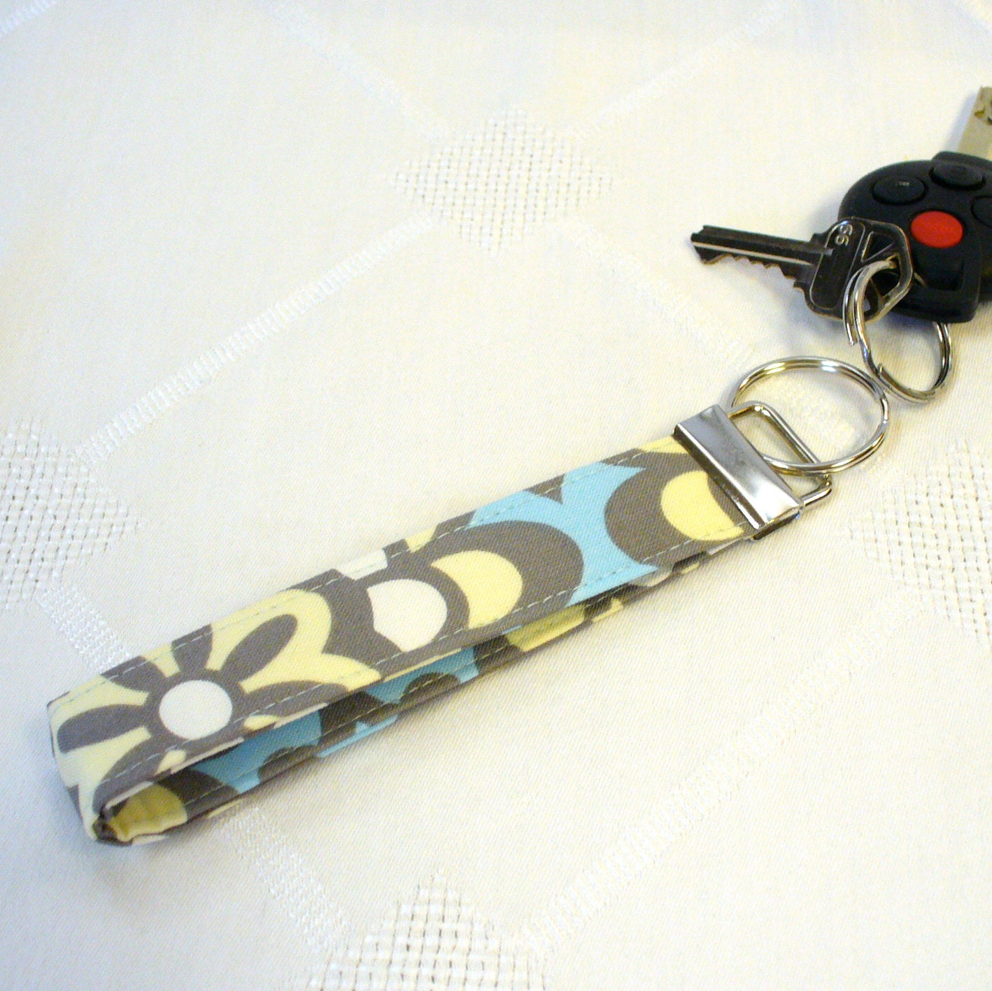 Wristlet Key Fob Amy Butler Fabric Key Fob Keyring Wall Flower Sky Blue Gray Floral Fabric Handmade MTO