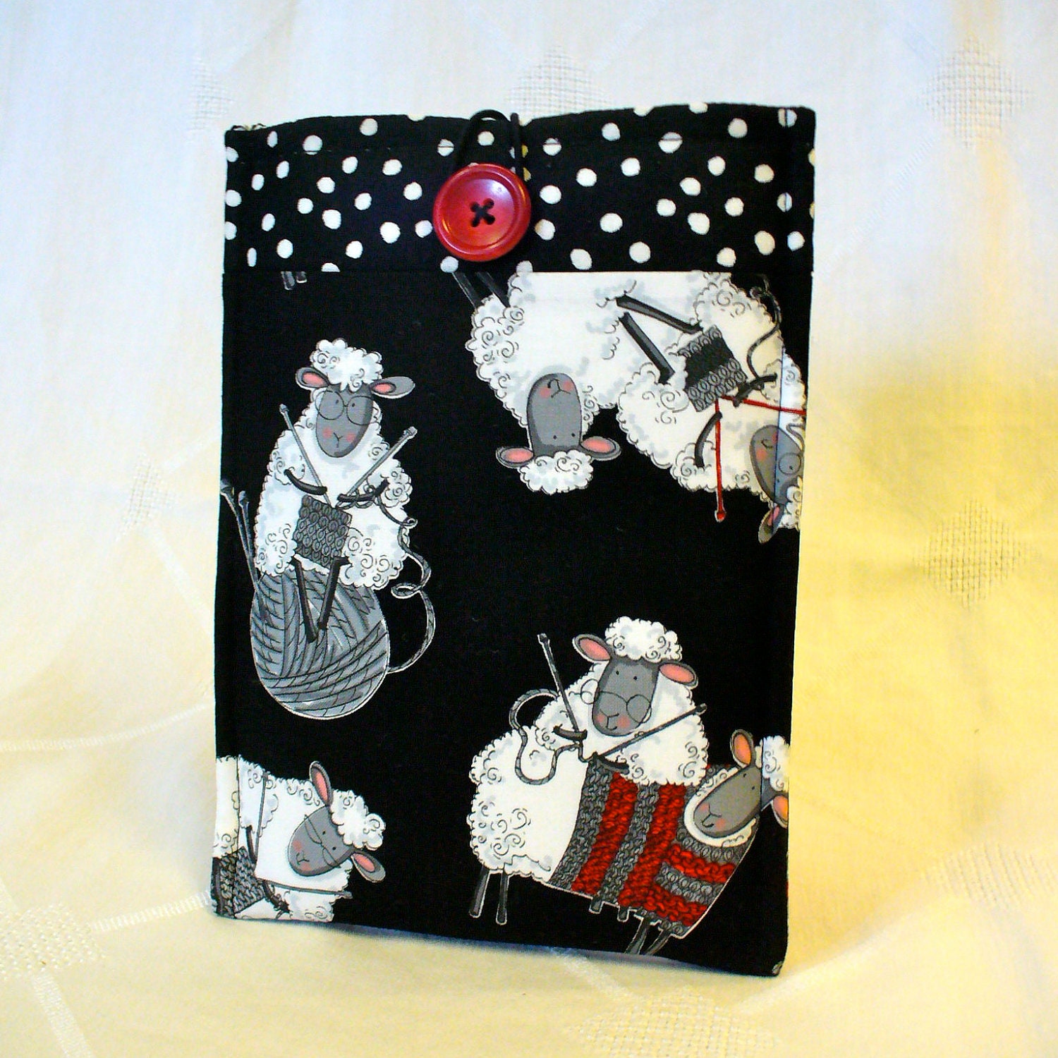 iPad Mini Case NOOK Sleeve Ereader Cover Nook Case Padded Sleeve Knitting Sheep Knitters Black White Red Fabric