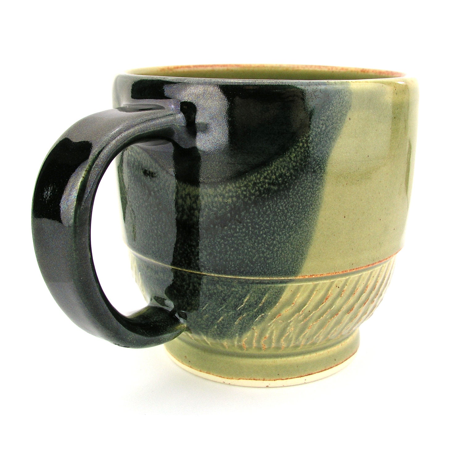 Pond and Sencha Coffee Mug Handmade Wheelthrown Ceramic Pottery Cup Olive Green Tea Glossy Black Chattering By GemFOX