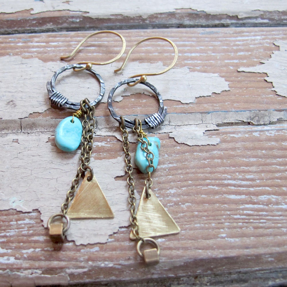 Metamorphosis - Brass and Stone Earrings - Turquoise Earrings - Artisan Tangleweeds Jewelry