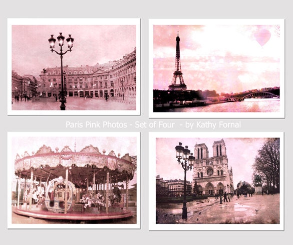 Paris Photography Print Set, Pink Paris Photos - Dreamy Paris Fine Art Prints - Paris Pink Print Set of Four 5" x 7" Photos