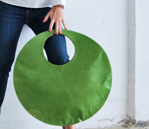 Large leather tote bag, large clutch, circle handbag fuchsia handbag, green handbag