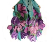 Nuno felt scarf. Silk scarf with felt flowers. Monet inspired shawl. Mothers Day Gift. Teal turquoise purple pink lavender