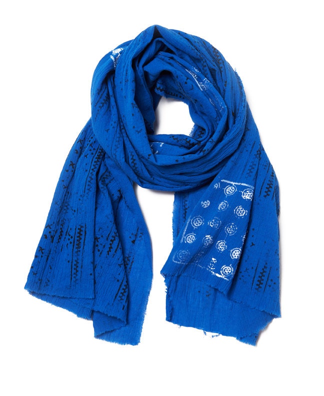 Cobalt blue Hand printed cotton scarf