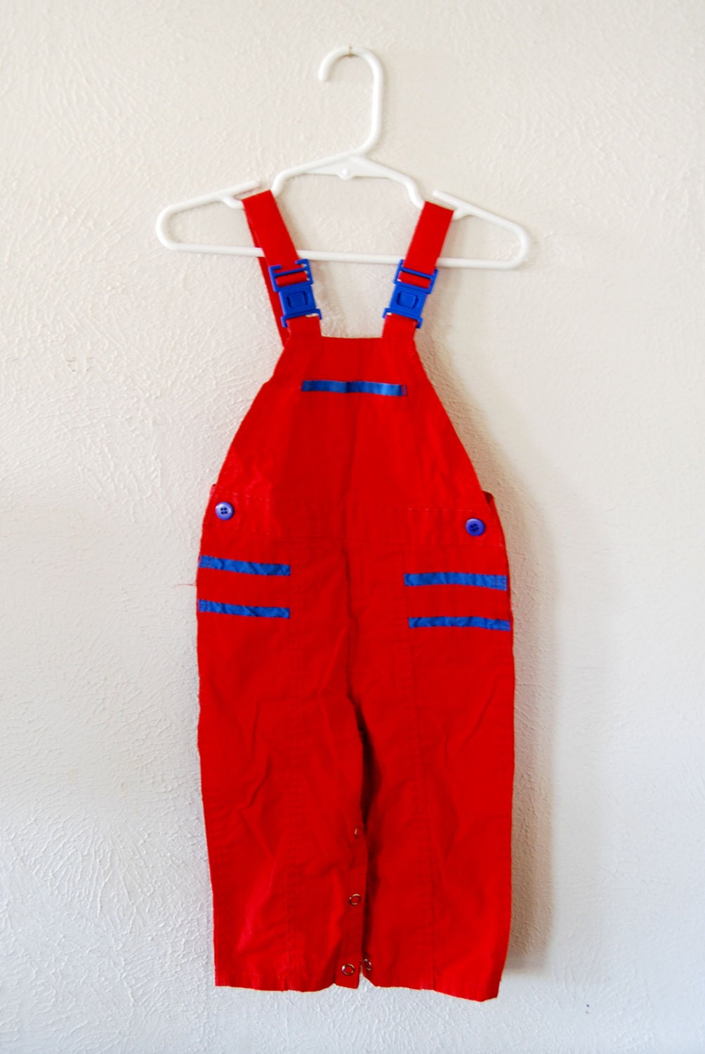 vintage red overalls w blue detail