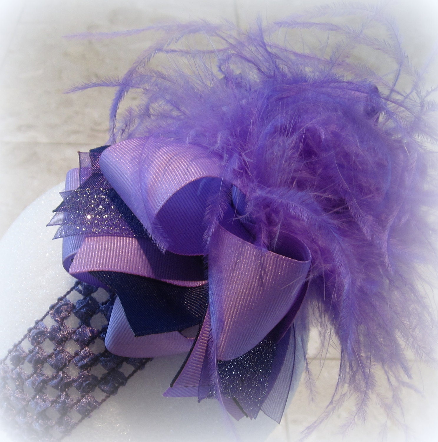 Over the Top Ostrich Feather Hair Bow PURPLE Lavender Shimmer Boutique Pageant Party Hairbow Large Big Feathers Matching Headband Included