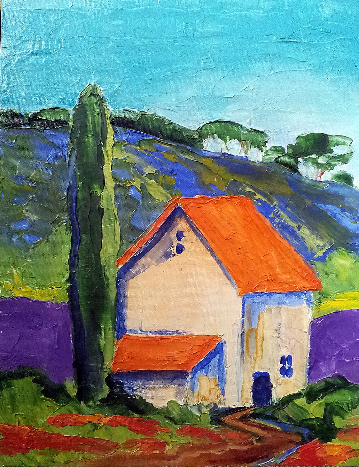 Impressionist Landscape Provence WILD LAVENDER and POPPIES Lynne French o/c Art 11x14 Original Painting