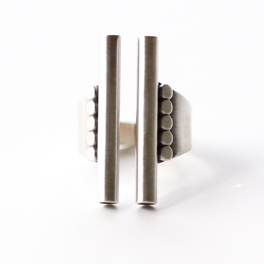 Architectural inspired sterling silver design of a dramatic linear shape cocktail ring with a tapered silver band - "Monoliths Ring"