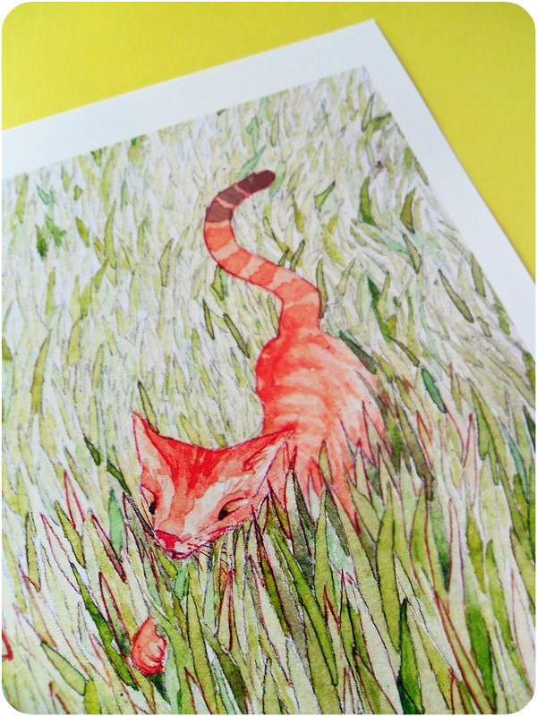 Hunting Low - A4 cat watercolour reproduction