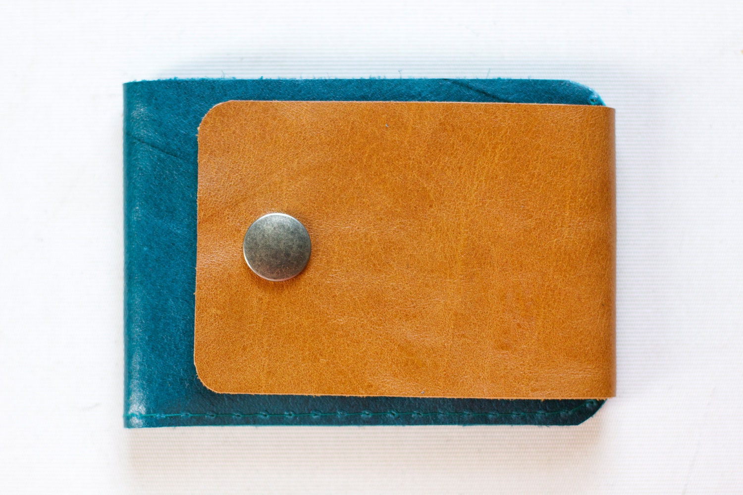 Leather Wallet in Peacock Blue & Rustic Gold
