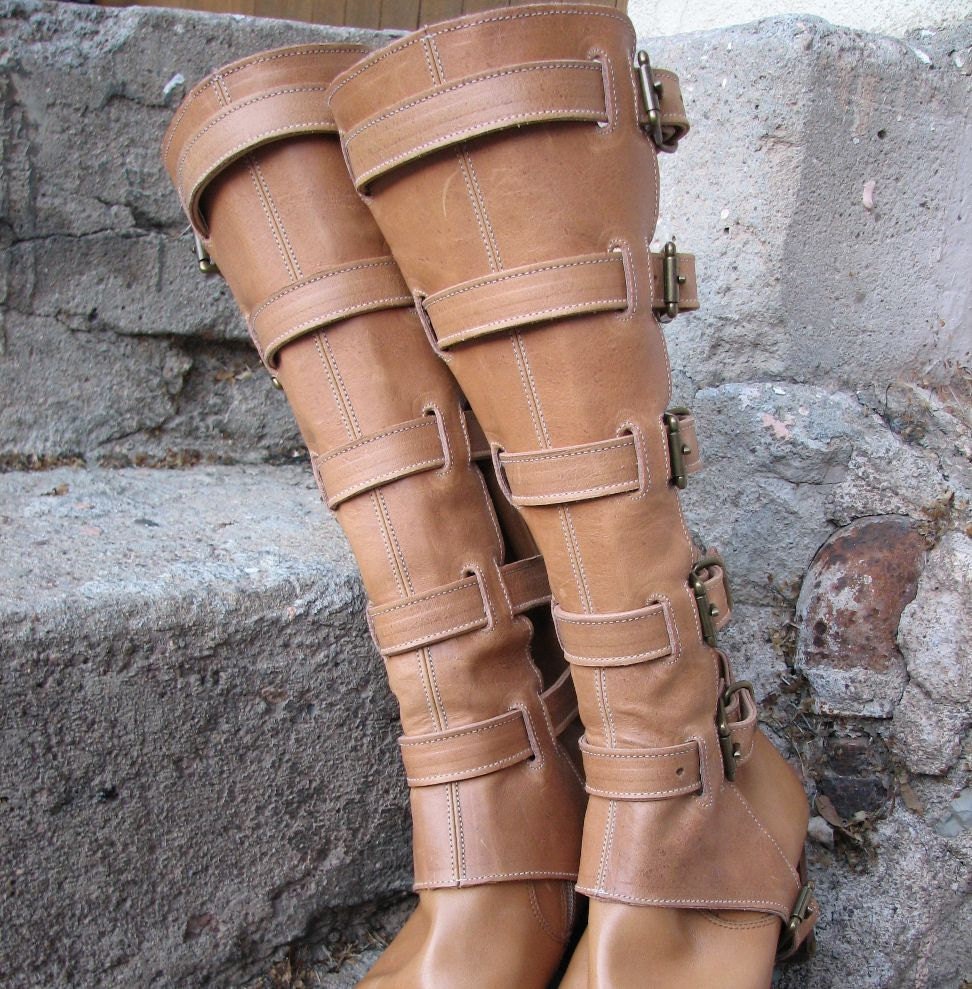 Steampunk  Ladies Tan or Nude Leather and Antiqued Brass Hardware Shin Guards or Gaiters