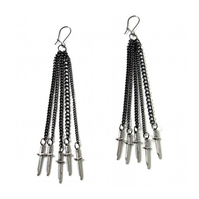 Gothic Earrings - Shoulder Dusters - The Five Wounds - with Long Gunmetal Chains and Silver Plated Knives - By Ghostlove