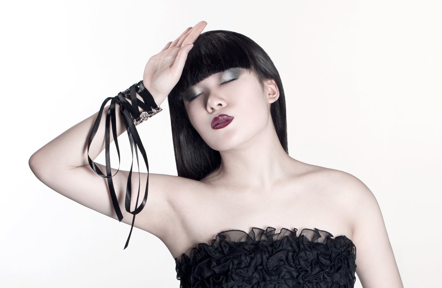 Gothic Lolita Bracelet - Ikebana Corset Cuff - with Antiqued Sterling Silver Plated Filigree and Ribbon Ties - by Ghostlove
