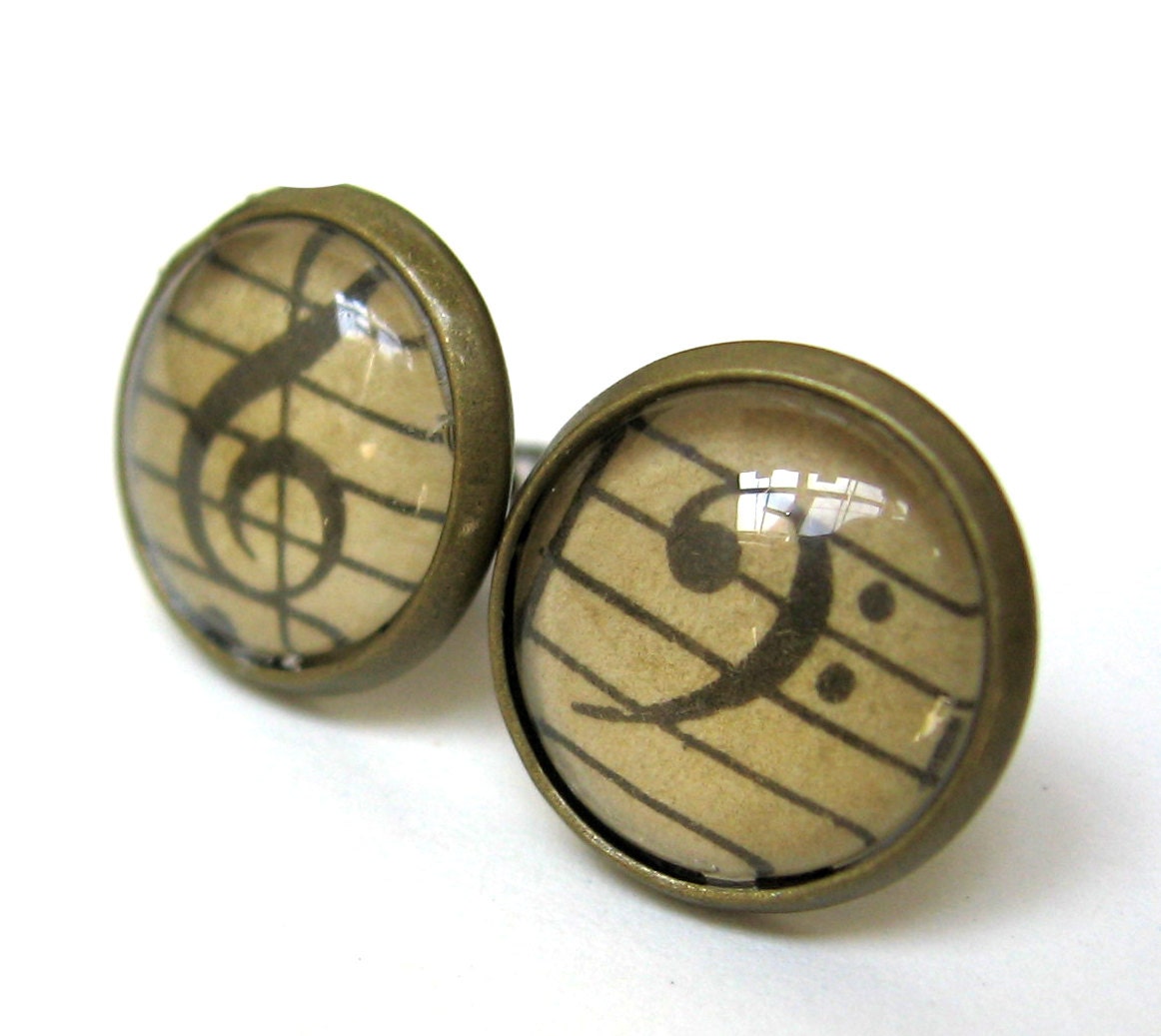 Vintage Sheet Music Earrings Treble and Bass Clef Tiny Brass Post Studs