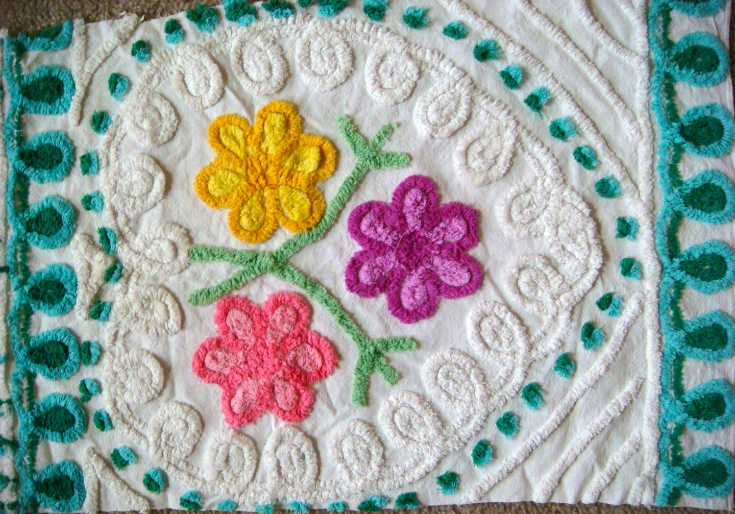 Teal and Jadeite Floral Heart Vintage Cotton Chenille Bedspread Fabric