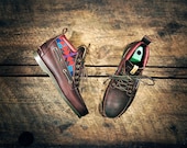 Handcrafted HIGHTOP Leather Boat Shoes - Oiled Maroon Cowhide with Red & Blue Southwest Inspired Patterned Wool Details  - MADE to ORDER