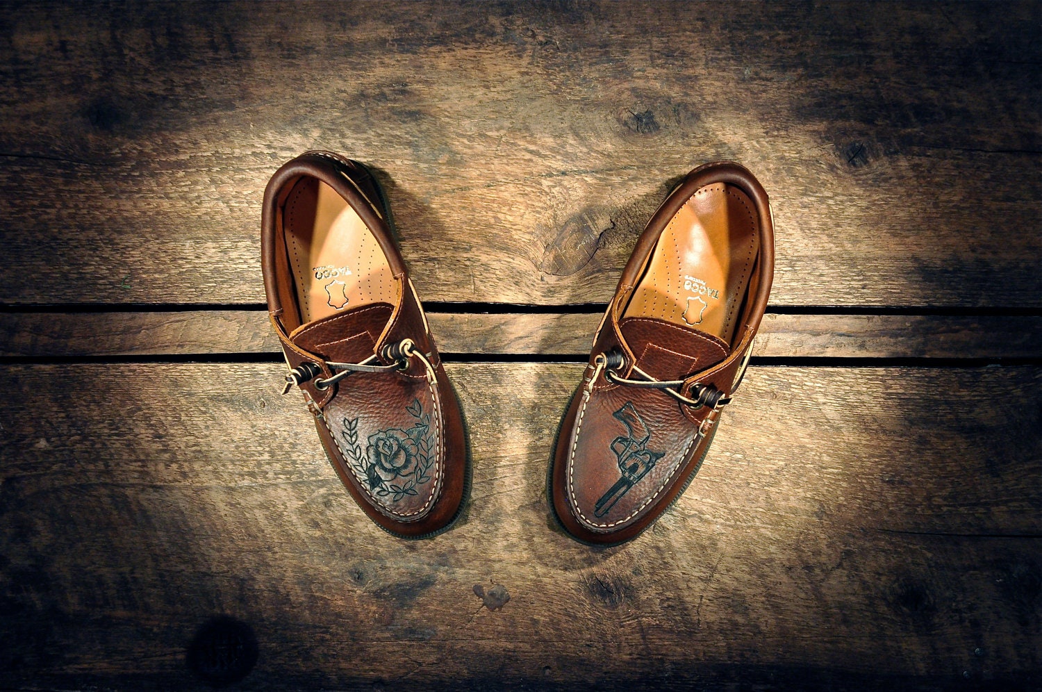 Custom Handcrafted Oiled Dark Tan Leather "Westsiders" Boat Shoes - Hand Etched Guns n' Roses - MADE TO ORDER