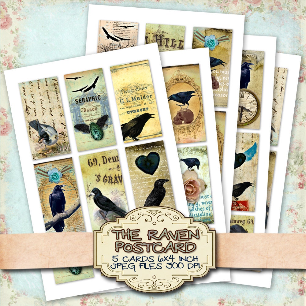 Digital download  THE RAVEN PoSTCARD  dominoprintable images raven gothic crow steampunk victorian / D140