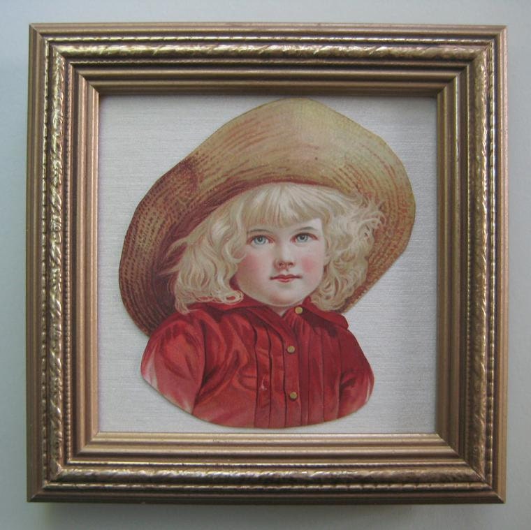 Blonde Child Victorian Portrait Straw Hat Framed Die Cut