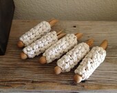Vintage Clothespins with Cotton Crochet Cozy - Winter Whites - Distressed - Farmhouse - Cottage