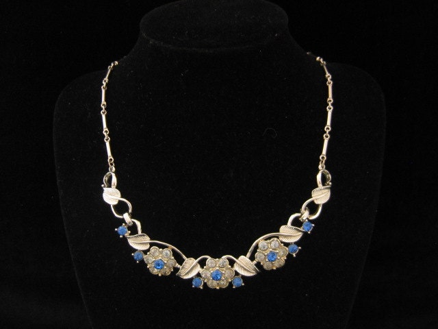Vintage Sapphire Rhinestone Floral Necklace 1950s