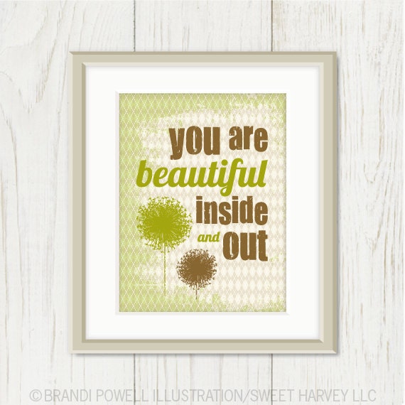 You Are Beautiful Typography Poster: Dandelion, Argyle Pattern, Grunge - Inspirational Quote, Motivational, Green, Brown, Autumn 11 x 14