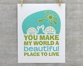 Turtle Typography Letterpress Poster - Inspirational Quote Art Print - Nursery Art, Aqua Blue, Chartreuse Green (PBA1)