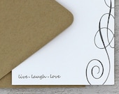Inspirational Quote Letterpress Note Card Set - Live, Laugh, Love - Typography, Scroll, Damask, Grey, Gray - 10 pack (NIN2)