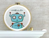 Robot Hoop Art: Robot Nursery Art - Fabric Wall Hanging, Geekery, Hello, Aqua Blue, Red, Grey, Geometric Pattern, Ready to Hang