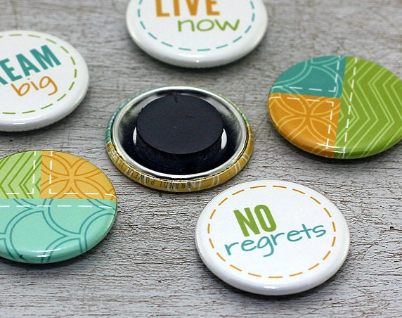 Inspirational Quote Button Magnet Set in Gift Tin: Refrigerator Magnets - Dream Big, Chartreuse Green, Teal, Orange - Chevron (Set of 6)