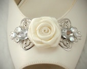 Filigree w/ Rhinestone Crystal Clear Shoe Clips with Ivory Ribbon Rose in the center  for Weddings, set of 2 (1 pair)