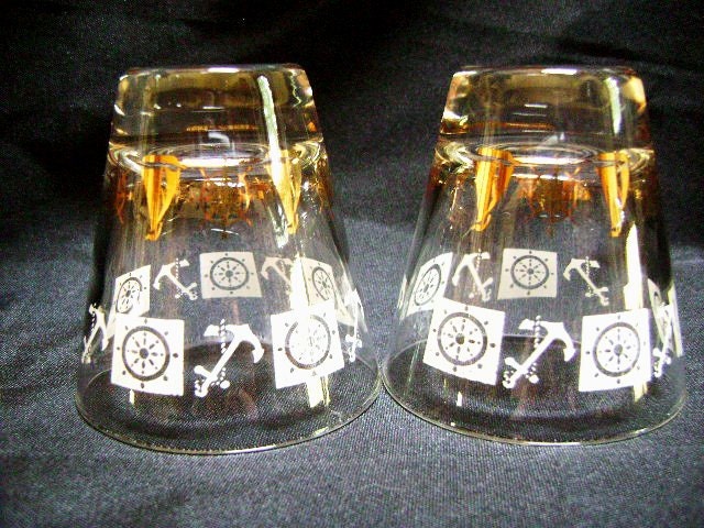 Two Vintage Nautical Drinking Glasses, Cocktails, Orange Juice Whiskey, Barware, 60s retro, Mid Century, Anchors Away Sailboat