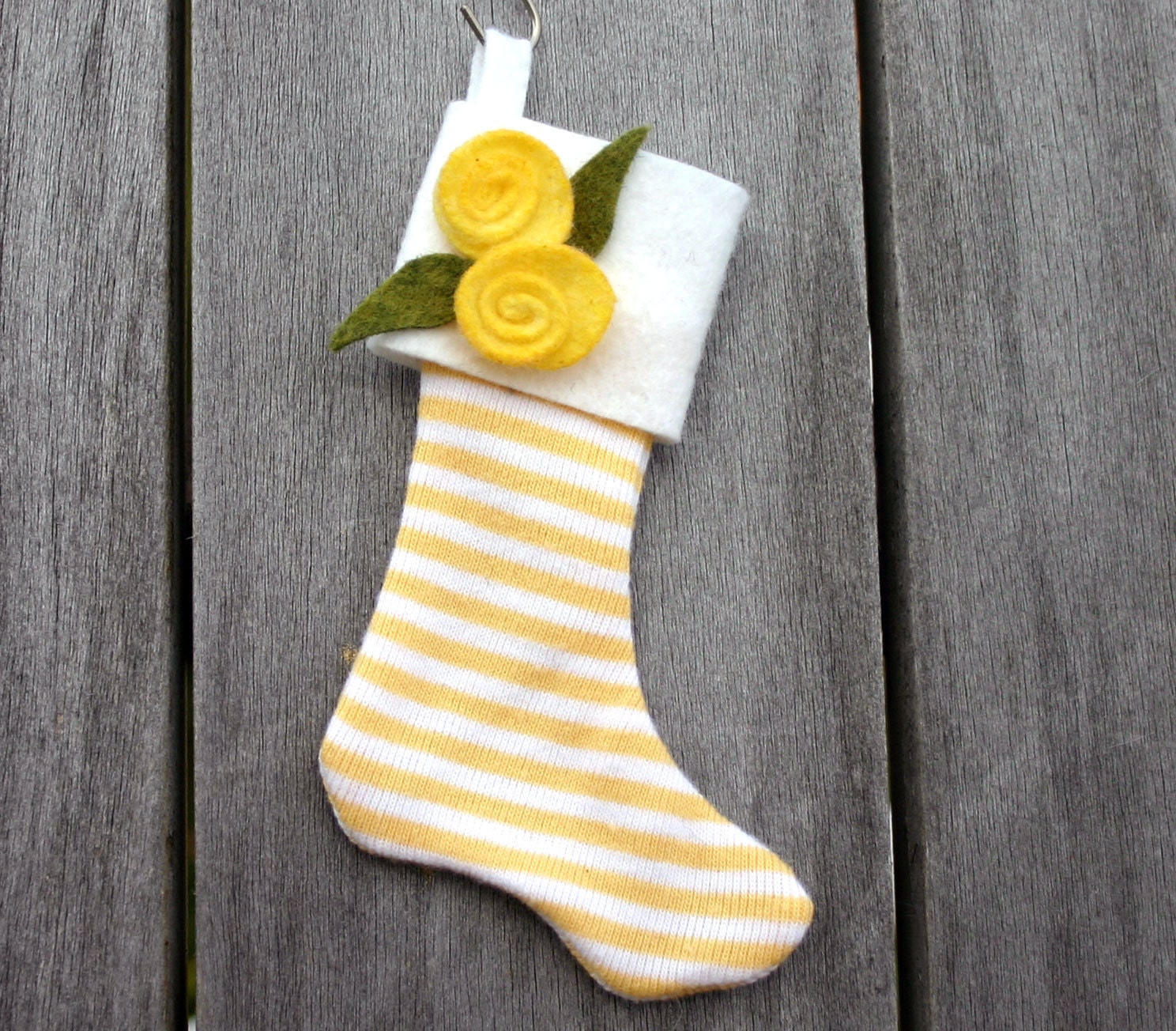 Personalized Christmas Stocking Ornament -Yellow and White Striped, Tag, Gift Wrap, Secret Santa