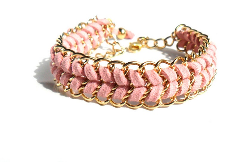 Pink Chevron leather gold chain bracelet pastel fashion metallic - Daniblu