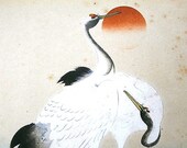 Japanese Painting Cranes at Sunset Vintage Nihonga Style Showa Period