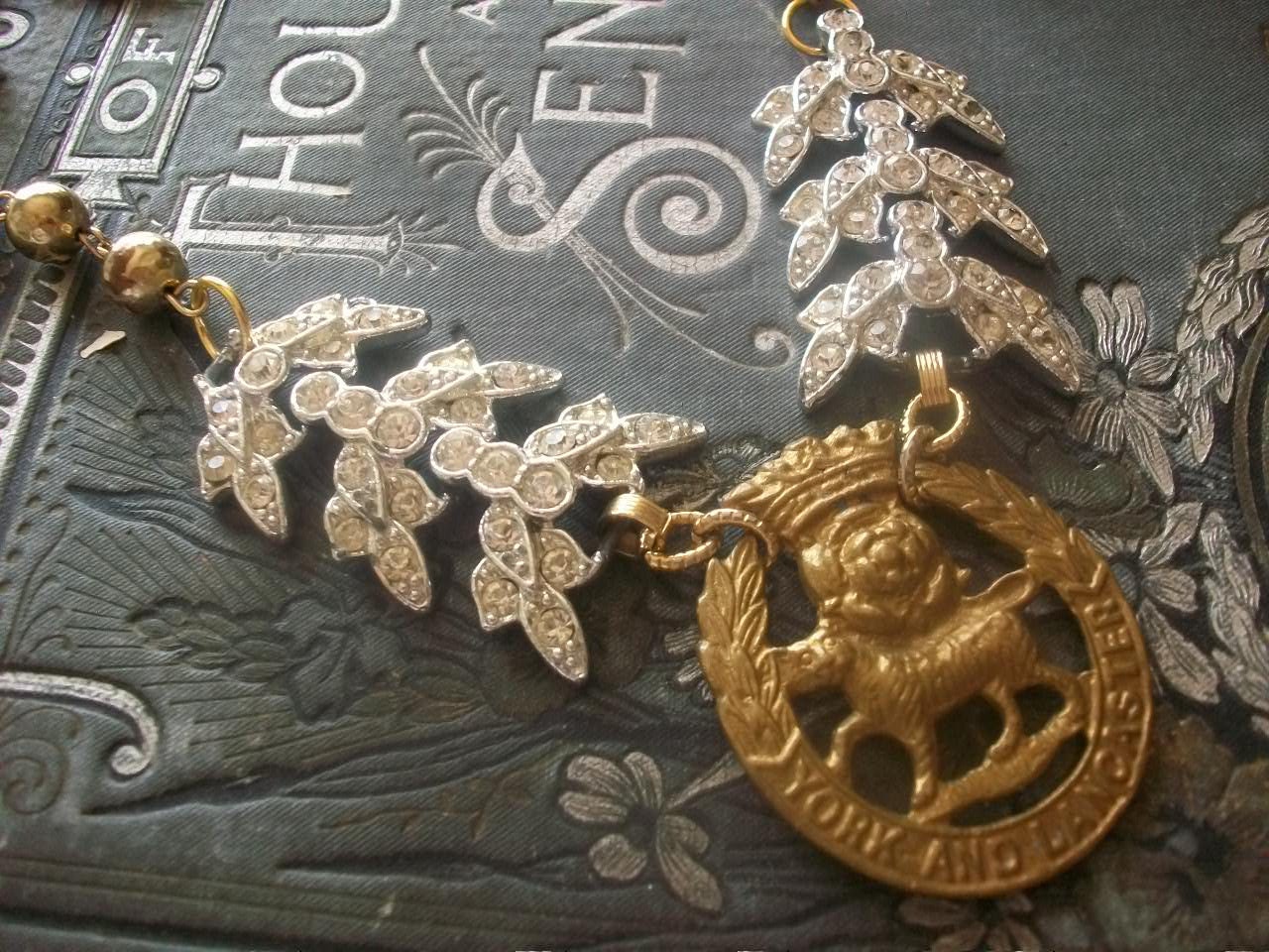 Vintage English York And Lancaster Regiment Medal And Vintage Rhinestone Bracelet Assemblage Statement Necklace, Military Fashion