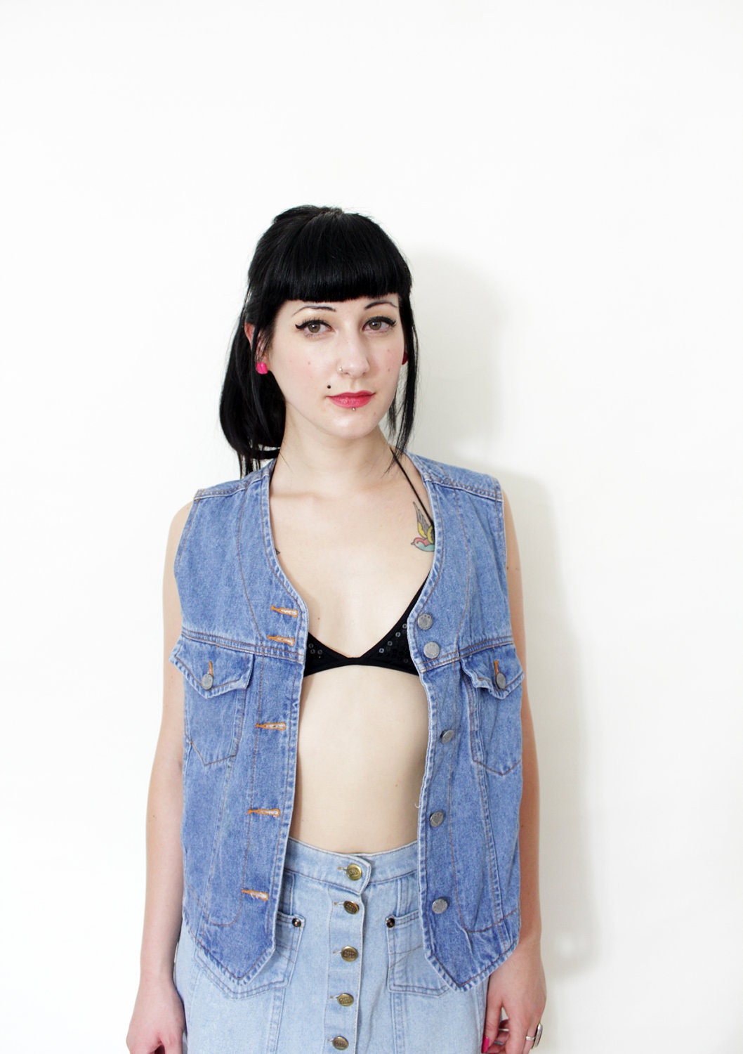Vintage shirt / blue denim vest / size M