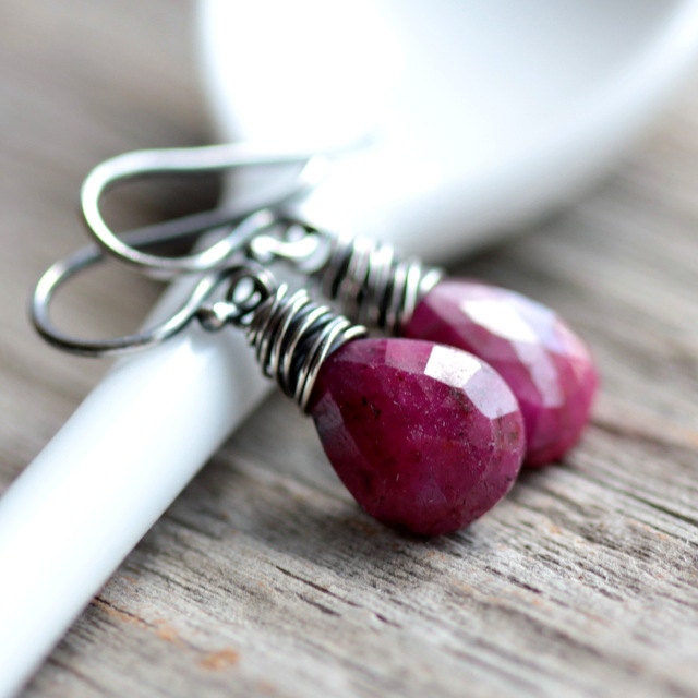 July Birthstone Ruby Earrings Red Ruby Gemstone Earrings on Sterling Silver - Summer Fashion Dangle Earrings