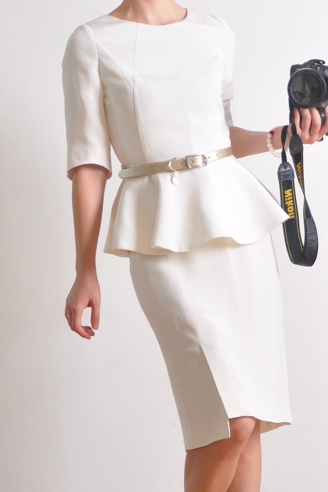 White Silk Peplum Flared Hem Suit Top 1/2 Sleeves Victotrian Lady