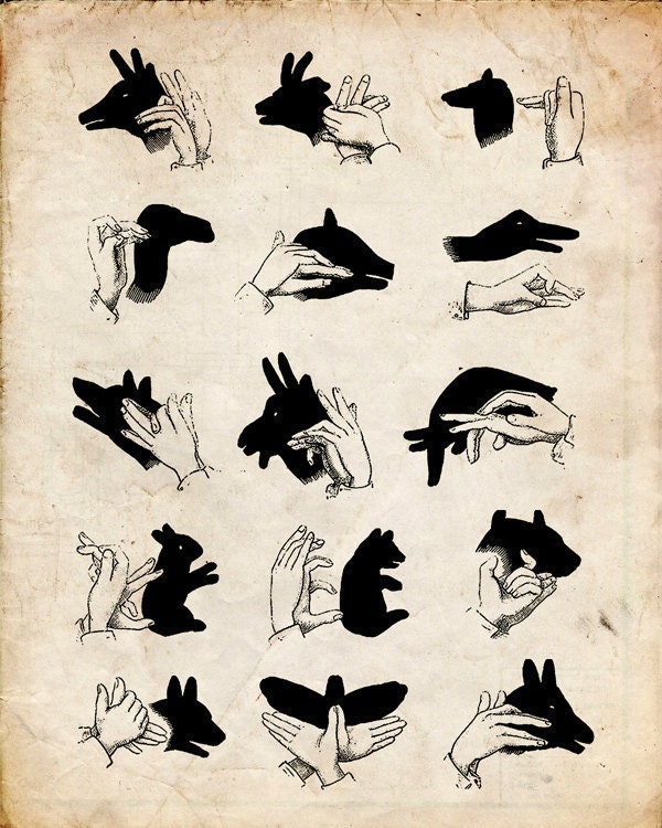 Vintage Illustration "Shadow Puppets" Antique Silhouette Print - Children's Print - Hands Animals Whimsical Nursery Art