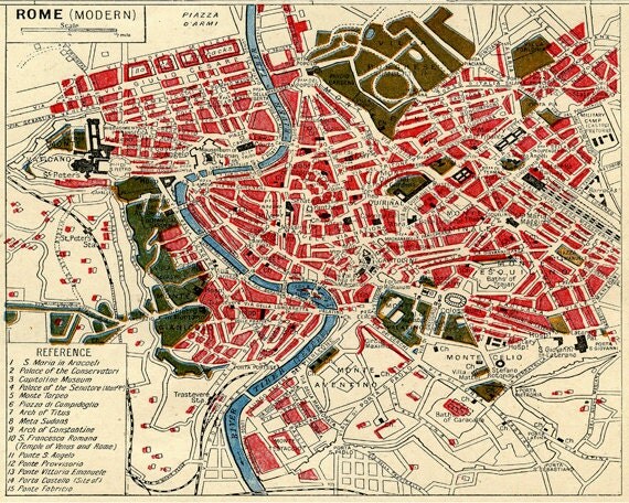 Vintage European Italy Map Print "Modern Rome" Europe Travel Print Italian Vintage Print