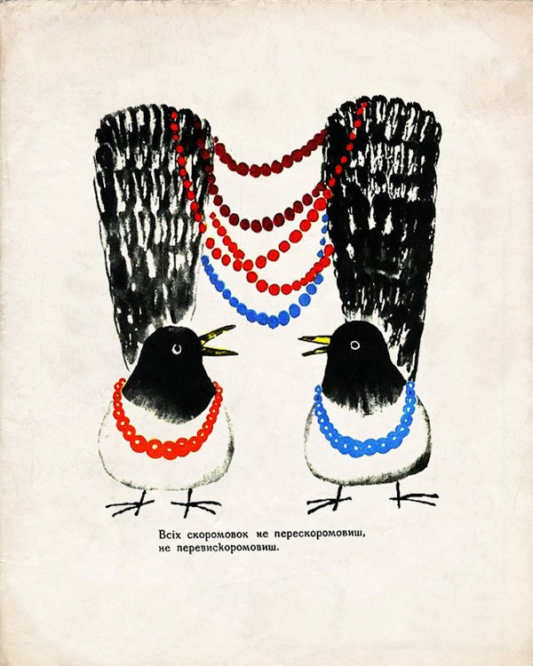 Vintage Soviet Illustration "Chattering Chickadees" Mod Russian Birds Print - Surreal Weird Animal Art