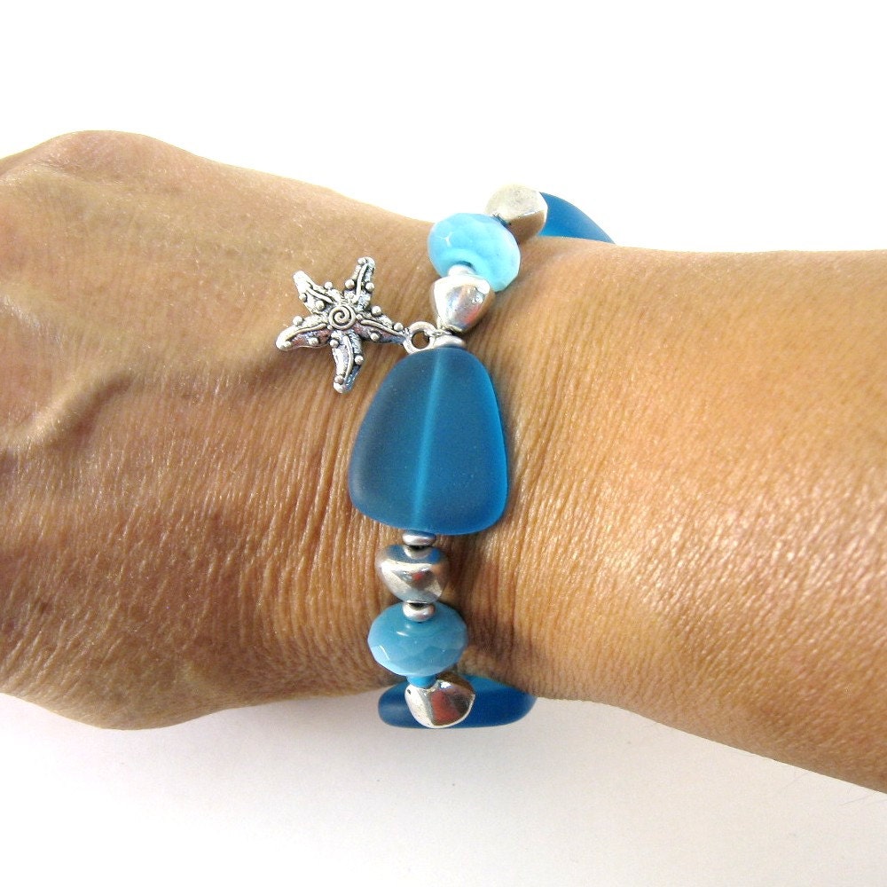 Blue Sea Glass Bracelet Royal Blue Cat Eye Silver Starfish Silver Beaded Bracelet