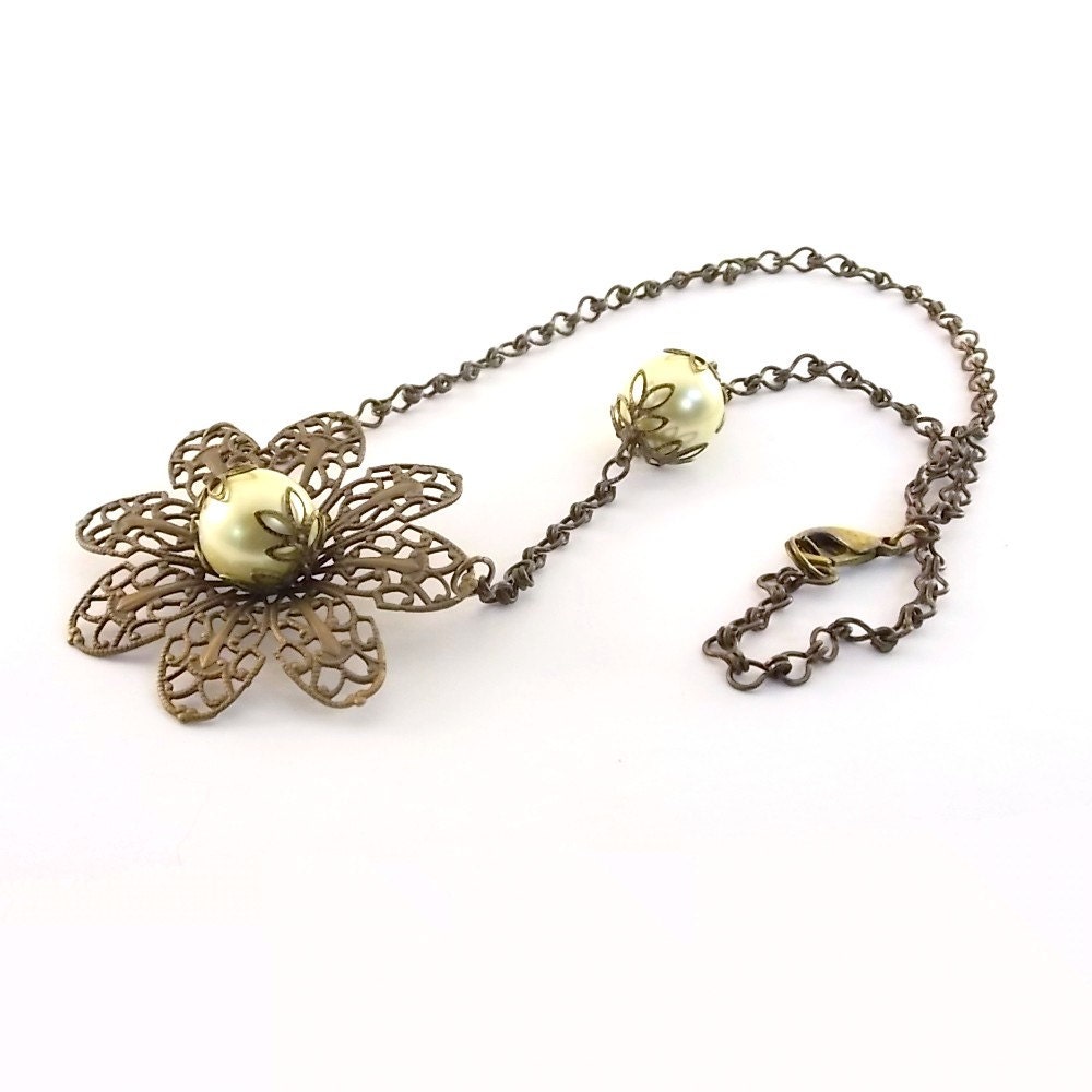 Yellow Flower Necklace Vintaj Brass Chain Vintaj Filigree Flower Glass Pearl Antique Brass Bead Caps Beaded Chain Handmade
