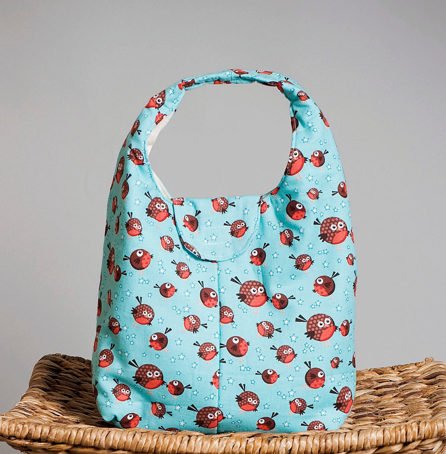 Lunch Bag - Insulated Washable Whimsical Round Red Birds on Robin Egg Blue Background