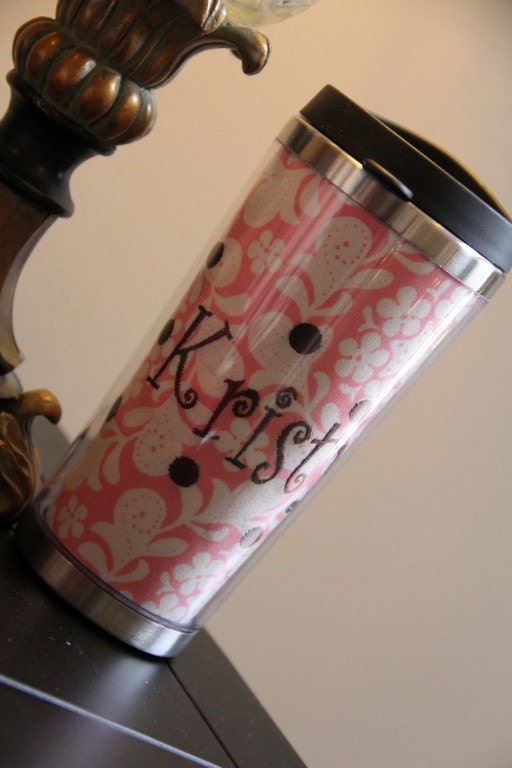 Personalized Embroidered Monogrammed Coffee Mug Travel Beverage Tumbler Stainless Steel POLKA DOTS