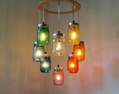 RAINBOW Heart - Shaped Mason Jar Chandelier - Rustic Hanging Pendant Lighting Fixture - Direct Hardwire - BootsNGus Lamp Design