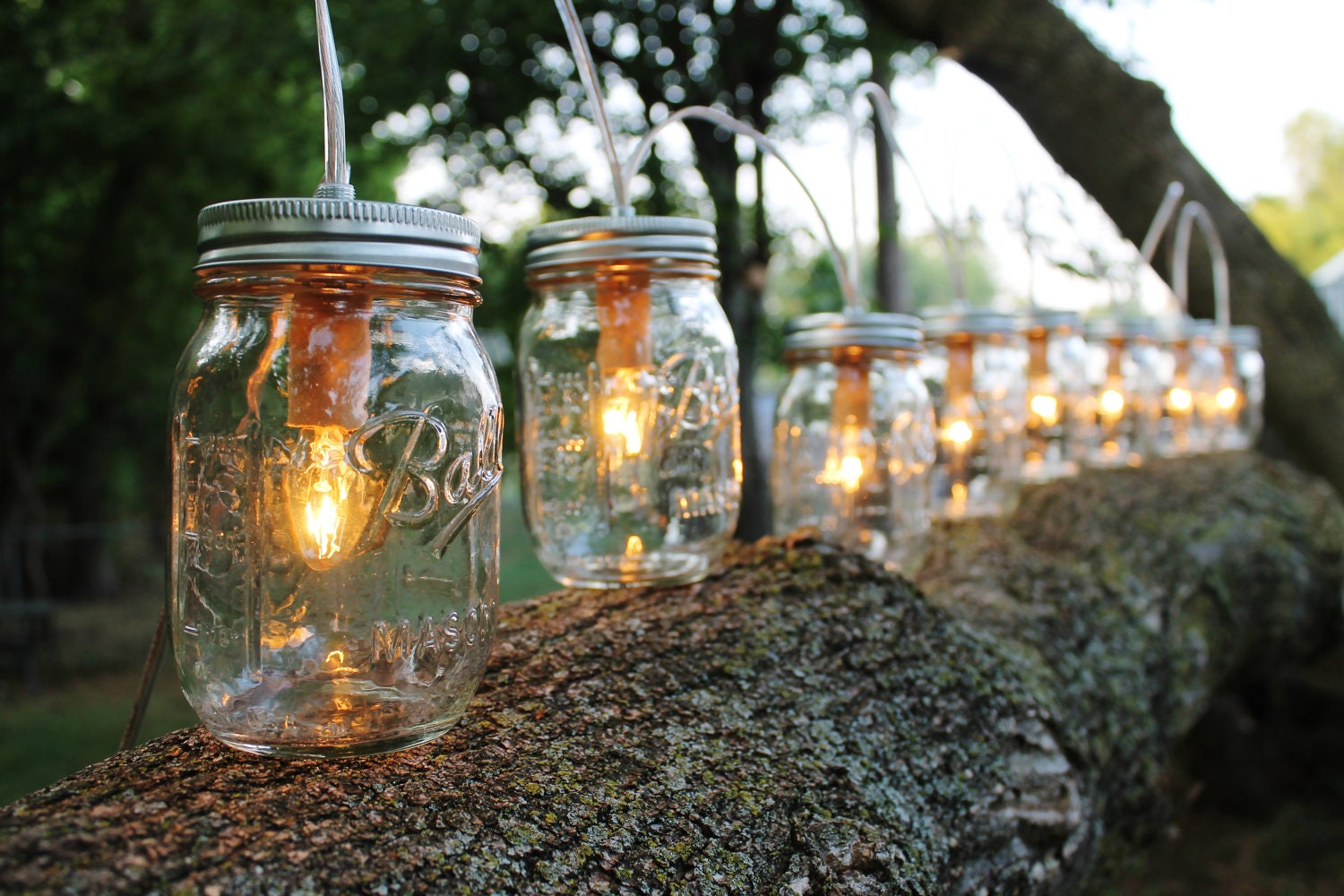 PARTY LIGHTS - Mason Jar String Banner Lights with 8 pint Ball Mason Jars Upcycled Rustic Wedding Holiday string of Lights - BootsNGus lamp